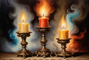 Aufkleber - Vintage oil painting of three candles stand tall with their flames, surrounded by captivating curls of smoke, in the style of oil paint, colorful, detailed