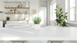 © ttonaorh - Empty white marble table top and blurred kitchen background, product display montage