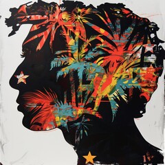 Wall Mural - A painting of a person's head with palm trees and stars