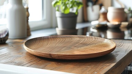 Empty wooden cutting board on table in modern kitchen. space for text