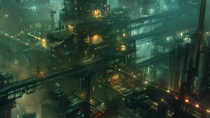 Wall Mural - A cityscape filled with bright lights, showcasing a futuristic urban environment at night, Combining industrial elements to form a futuristic mechanical landscape