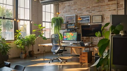 Poster - A room with a desk, chair, computer monitor, and plants creating a functional workspace, Combining virtual and physical elements in a creative workspace