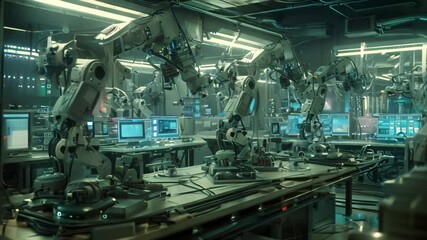 Wall Mural - A room packed with an array of machines and equipment for scientific research and experimentation, Conceptualize a high-tech laboratory filled with blinking screens and robotic arms