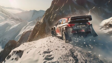 Wall Mural - Rally racing car on dirt track, in the mountains, extreme sport activities theme, created with generative ai