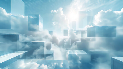 photo of landscape with cubic servers, geometrically shaped clouds, blue colors, DSLR