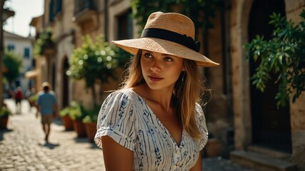 Gorgeous beautiful slim chic girl with long blond hair and summer hat in summer dress walking outdoor cozy Italy street.