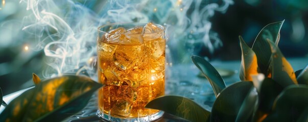 Poster - A futuristic hologram depicting a refreshing glass of iced tea, glowing with digital realism The holographic image showcases detailed condensation on the glass, floating ice cubes