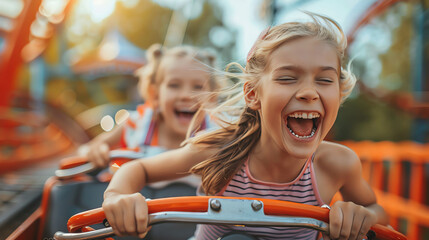 Two happy young girls ride a roller coaster at an amusement park.  They are laughing and having fun.