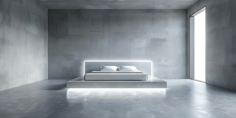 Wall Mural - Modern bedroom with concrete floor LED light strip office nook and hightech features. Concept Modern Decor, Concrete Flooring, LED Lighting, Office Nook, High-Tech Features