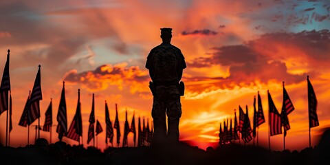 Wall Mural - Dramatic silhouette of a lone soldier standing at attention in a field of flags.
