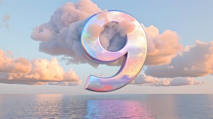 Iridescent Cloud-Shaped Number 9 Floating Over Tranquil Sea in Digital Rendering