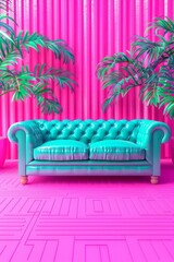 Poster - A mint green sofa sits in front of a pink striped wall with two tropical plants on either side