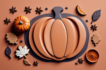Wall Mural - Autumn baking concept with pumpkin, spices and cookie on terracotta background.
