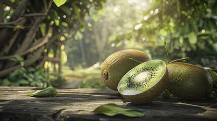 Wall Mural - Kiwi Fruits on a Wooden Table in a Lush Green Forest