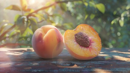 Wall Mural - Sun-Kissed Peach on a Rustic Wooden Table