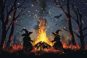 Sticker - Halloween Bonfire with Witches Illustration