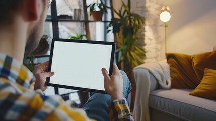 cropped image of man using tablet with blank screen while sitting on sofa at home