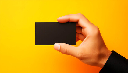 Aufkleber - Extreme close-up of male hand holding a blank black business card on a yellow-orange background with copy space. Generative Ai.