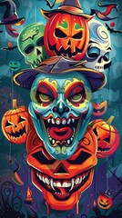 Wall Mural - Halloween Night with Scary Masks Illustration Celebration