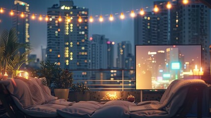 Wall Mural - Rooftop Movie Night: A trendy rooftop movie night featuring a projector screen, cushioned seating, and a selection of snacks