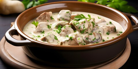 Sticker - French veal stew in white sauce known as blanquette de veau. Concept French cuisine, Veal recipe, Blanquette de veau, White sauce, Gourmet dish