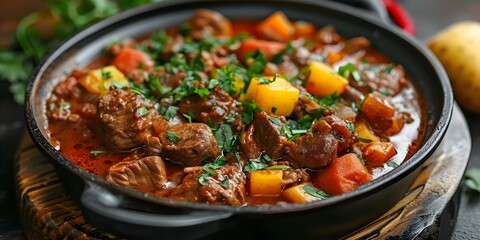 Wall Mural - Namibian slowcooked stew with meat and vegetables rich and flavorful. Concept Namibian Cuisine, Slow Cooking, Stew Recipes, Meat Dishes, Vegetable Stews