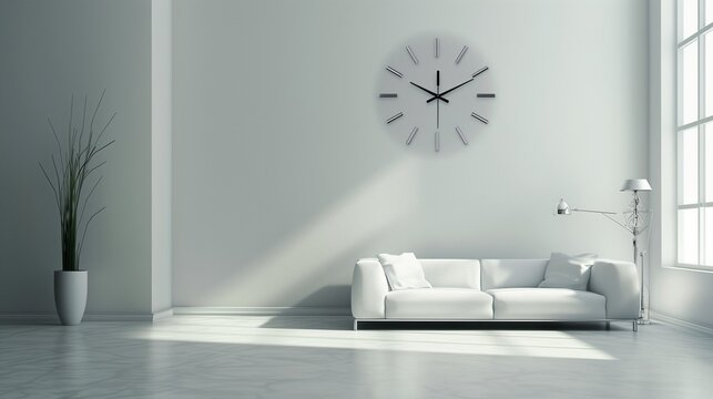 A minimalist living room with a single, large wall-mounted matte grey clock with sleek metallic hands