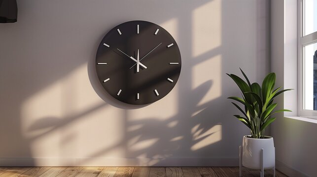 A minimalist living room with a single, large wall-mounted matte black clock with sleek white hands