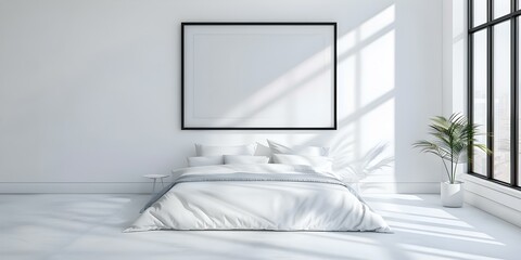 Wall Mural - White bedroom with large picture frame prominently displayed. Concept Home Decor, Interior Design, Bedroom Ideas, Wall Art, Picture Frames