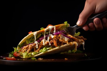 Canvas Print - 
Photo of a hand picking up a Smash Burger Taco with a fork and knife on a dark background