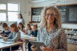 © quietmind_art - Smiling Female Teacher Holding an iPad in a Classroom with Engaged Students