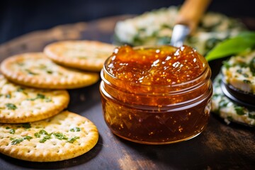Photo of sweet and spicy jalapeño jelly spread on crackers