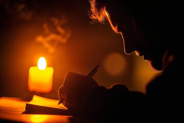 Wall Mural - Reflective silhouette of a person writing in a journal by candlelight.
