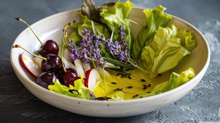 Wall Mural - Fresh Summer Salad with Cherries, Lavender, and Herbs
