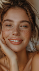 Wall Mural - Beautiful girl with freckles posing for a natural close-up portrait in a studio environment.