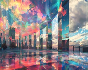 Poster - A futuristic holographic composition showcasing innovative holographic architecture merging seamlessly, depicting advanced technology and modern design elements