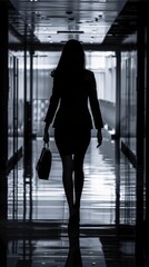 Sticker - Silhouette of an Asian businesswoman walking confidently down a corridor.