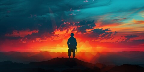 Wall Mural - Simple yet powerful artwork portraying the silhouette of a lone soldier