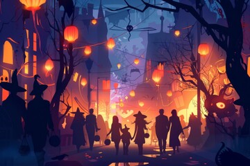 Spooky Halloween Celebration with Lanterns Illustration