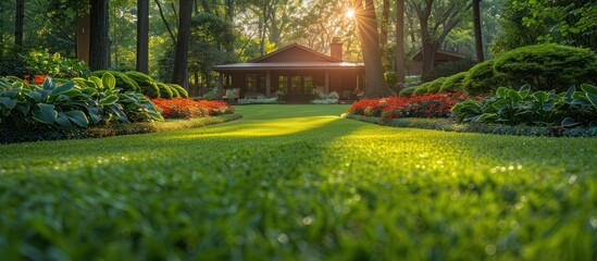 Canvas Print - Views Beautiful manicured lawns and flower beds on private grounds and pathway to home