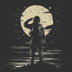 Wall Mural - Striking minimal line art of a lone soldier saluting against a dramatic sky.