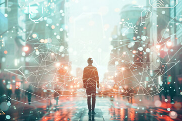 Wall Mural - Businessman standing in front of a digital screen with icons and graphs, representing a data technology concept. A triangle pattern shows a connection web structure mesh background with a city street 