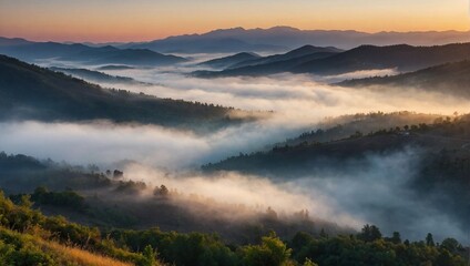 Wall Mural - Pleasant sunrise in the mountains shrouded in fog