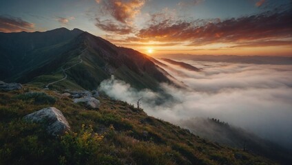 Wall Mural - Pleasant sunrise in the mountains shrouded in fog