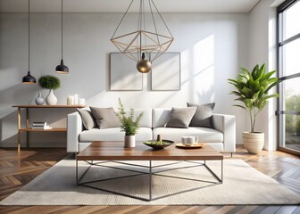 Wall Mural - Bright, Airy Living Room With White Sofa, Wood Coffee Table, And Large Windows.