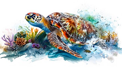 Sea turtle swimming, corals, plants ocean marine wildlife watercolor illustration