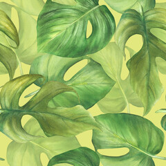 Wall Mural - Tropical leaves seamless pattern. Jungle Monstera plants. House plants green palm foliage. Watercolor hand drawn illustration. Exotic greenery for wallpaper, wrapping on isolated yellow background. 