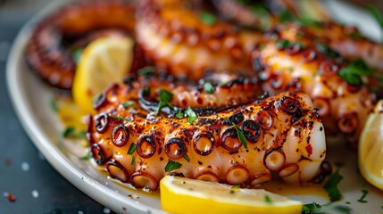 Wall Mural - Close-Up of Perfectly Grilled Octopus Tentacle with Lemon Wedges and Fresh Herbs