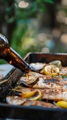 Sticker - Pouring Beer into Lemon Grilled Fish Tray at Summer Party: Capturing Beer Festival, Dinner, Colleague Team Building, and Holiday Feast Concepts. AI-Generated High-Resolution Wallpaper Background.