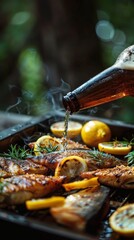 Wall Mural - Pouring Beer into Lemon Grilled Fish Tray at Summer Party: Capturing Beer Festival, Dinner, Colleague Team Building, and Holiday Feast Concepts. AI-Generated High-Resolution Wallpaper Background.